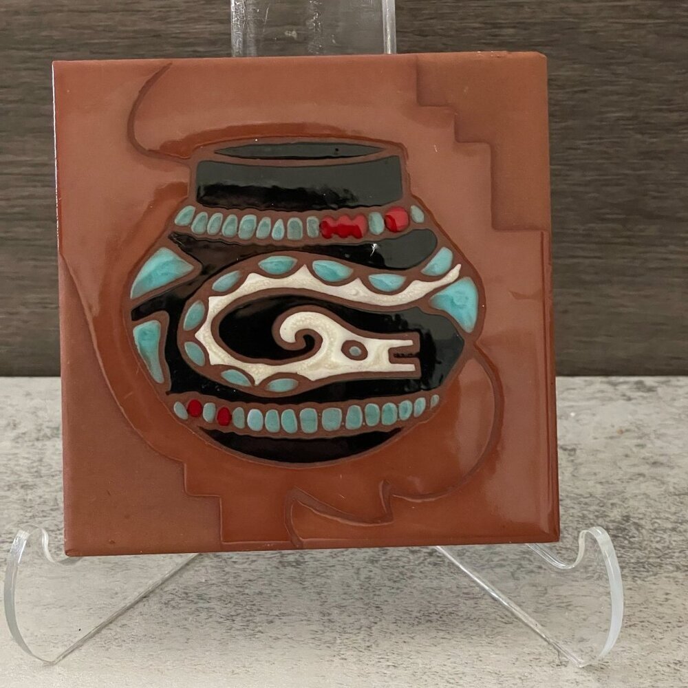 Vintage Cleo Teissedre Native American Handmade Ceramic 4" Square Tile Coaster